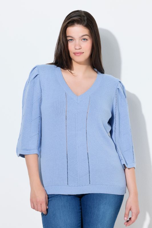 Pull en coton bio, maille ajourée, col en V et manches 3/4