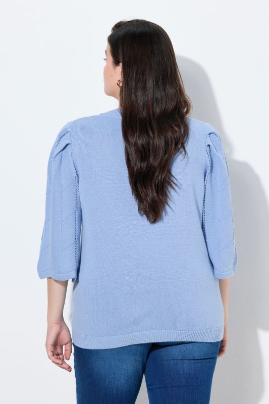 Pull en coton bio, maille ajourée, col en V et manches 3/4