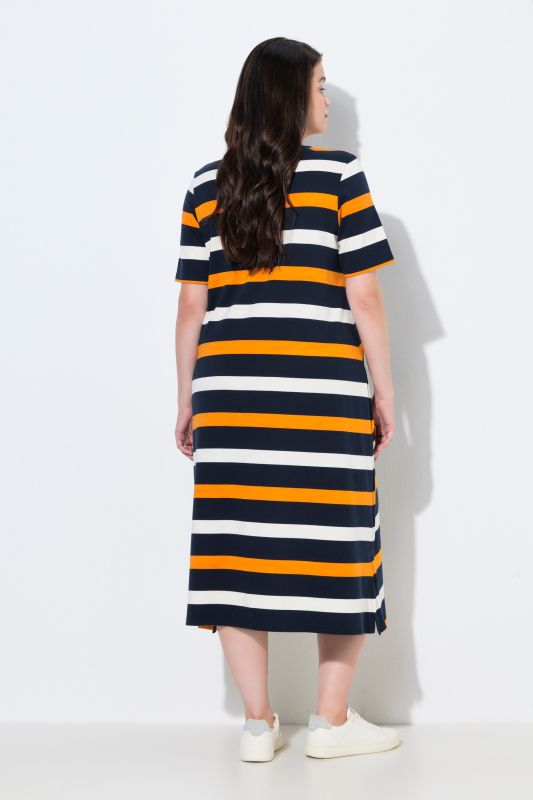 Robe midi en coton bio à rayures, décolleté rond et manches courtes