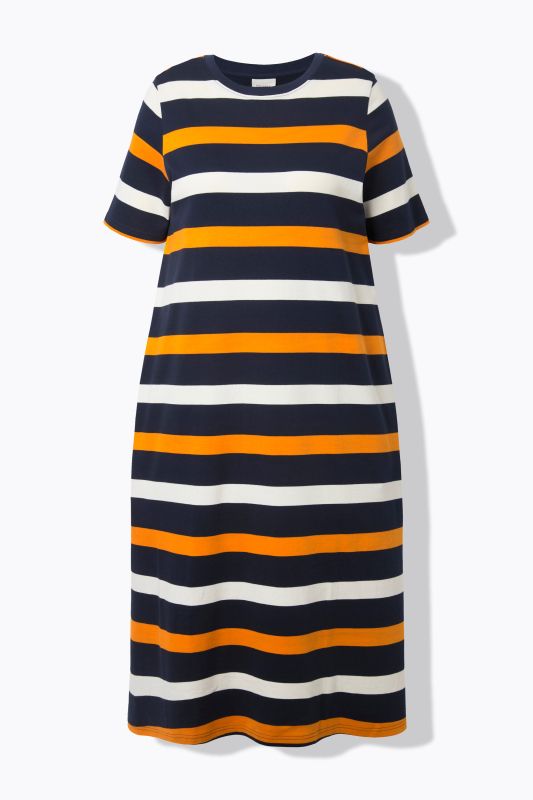 Robe midi en coton bio à rayures, décolleté rond et manches courtes