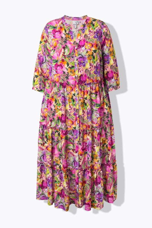 Robe midi avec boutons, col montant et décolleté en V, manches 3/4