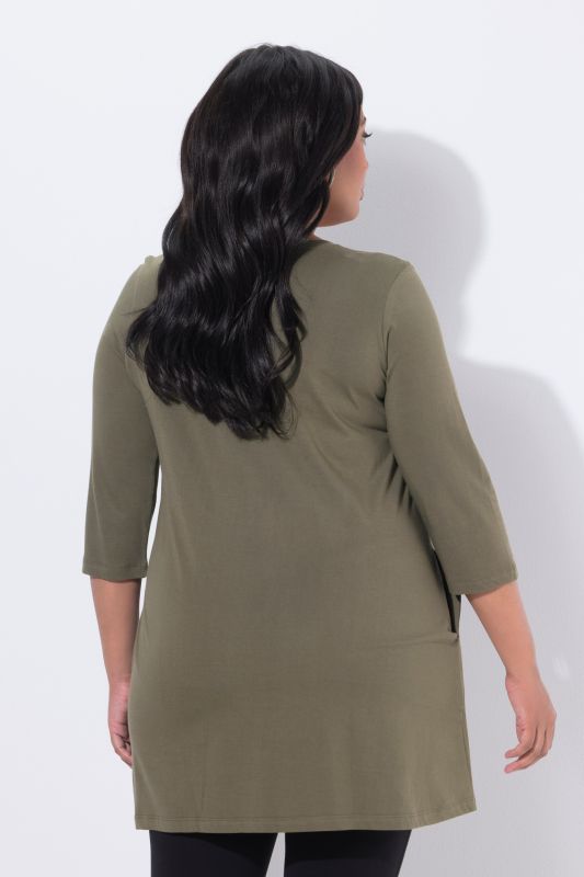 T-shirt long, décolleté en V et manches 3/4, coutures fantaisie, coupe évasée