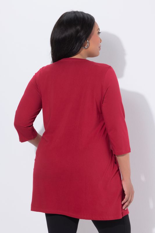 T-shirt long, décolleté en V et manches 3/4, coutures fantaisie, coupe évasée