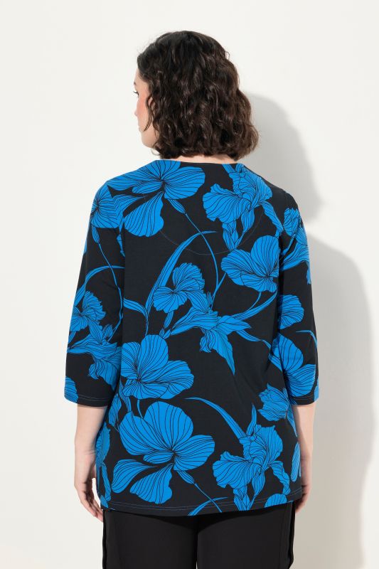 T-shirt à fleurs, col tunisien et manches 3/4, coupe évasée