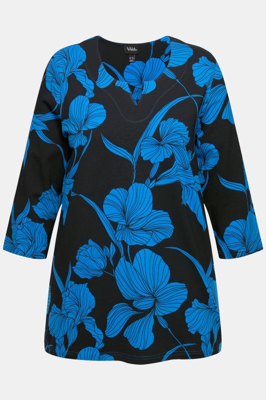 T-shirt à fleurs, col tunisien et manches 3/4, coupe évasée