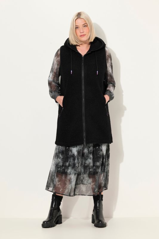 Long gilet sans manches en polaire, capuche et fermeture zippée à double sens