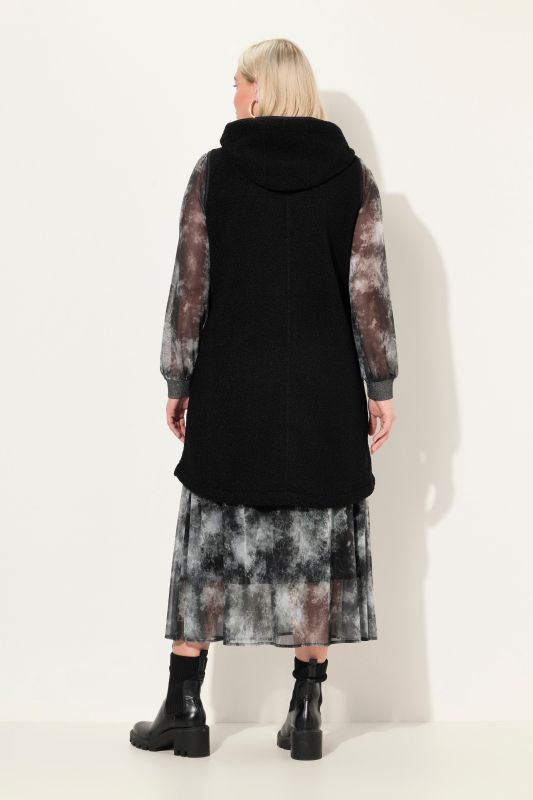 Long gilet sans manches en polaire, capuche et fermeture zippée à double sens