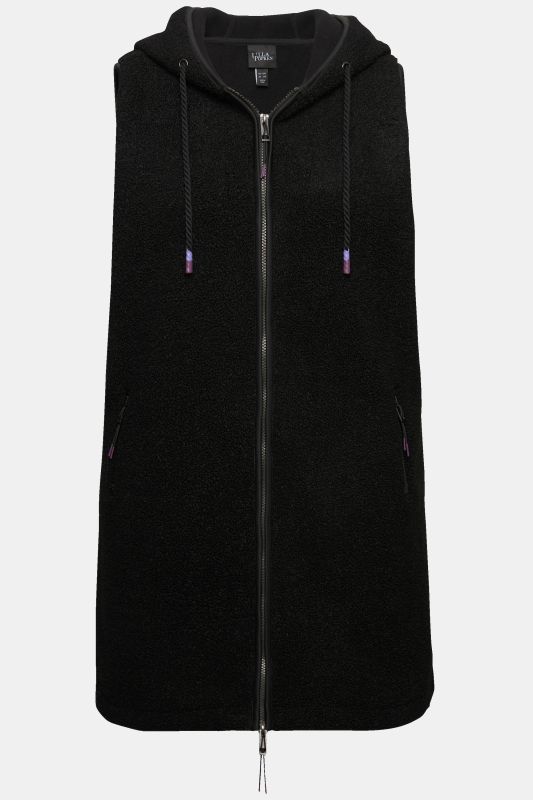 Long gilet sans manches en polaire, capuche et fermeture zippée à double sens