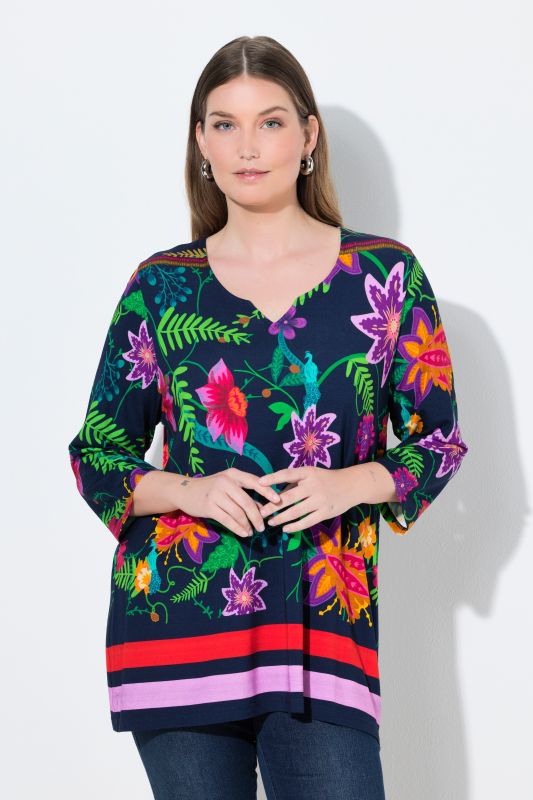 T-shirt col tunisien et manches 3/4, motif champêtre et coupe évasée