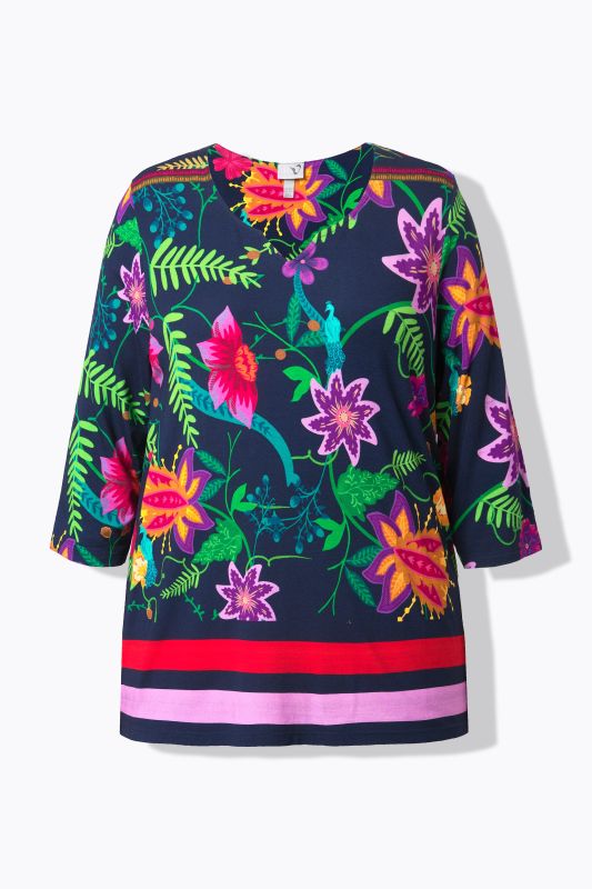 T-shirt col tunisien et manches 3/4, motif champêtre et coupe évasée