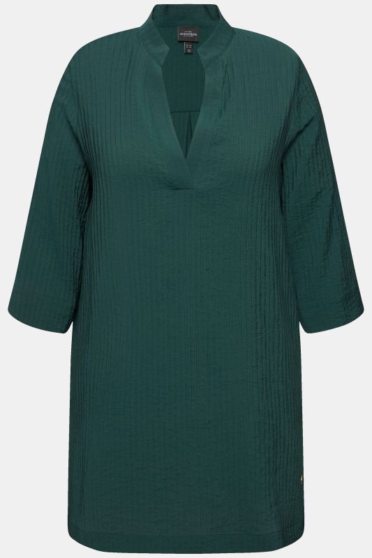 Blouse encolure en V, col montant et manches 3/4, fines rayures