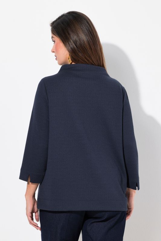 Sweat-shirt texturé, plis fantaisie, col montant et manches 3/4