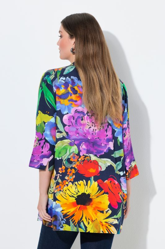 Tunique col montant, décolleté en V et manches 3/4, plis fantaisie