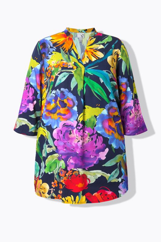 Tunique col montant, décolleté en V et manches 3/4, plis fantaisie