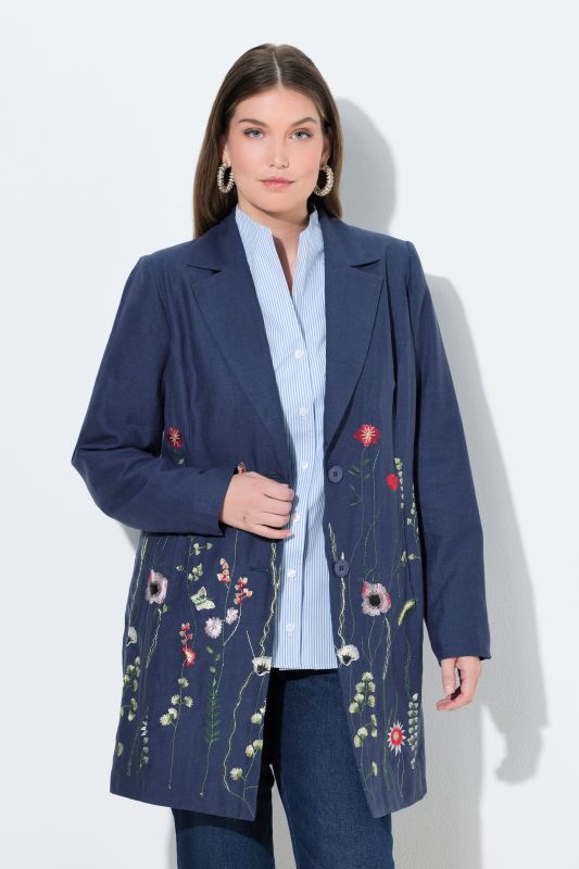 Blazer esprit redingote, lin mélangé, fleurs brodées et col tailleur