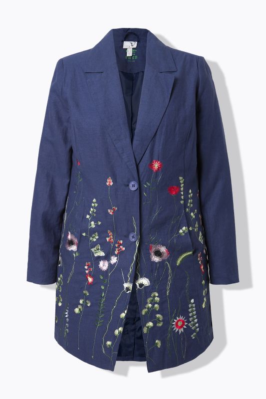 Blazer esprit redingote, lin mélangé, fleurs brodées et col tailleur