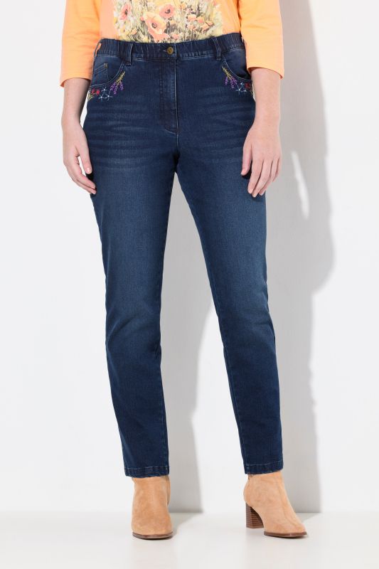 Jean Mia en denim stretch. Taille confortable et broderies