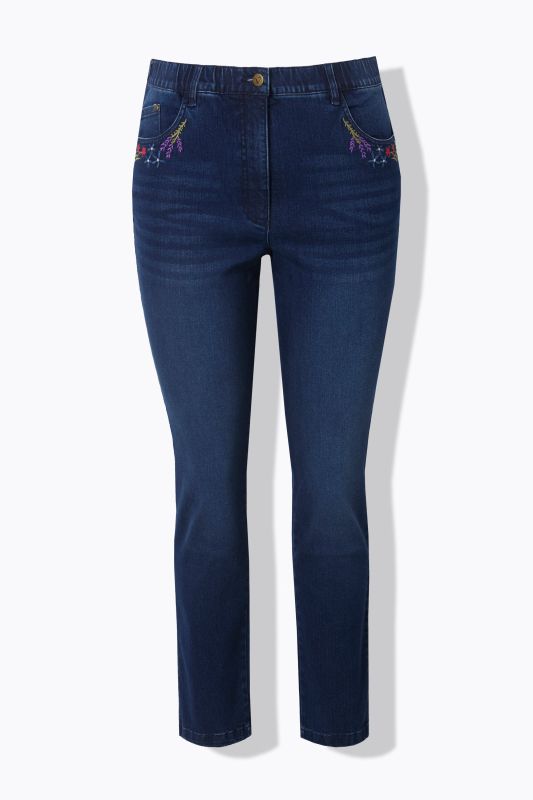 Jean Mia en denim stretch. Taille confortable et broderies