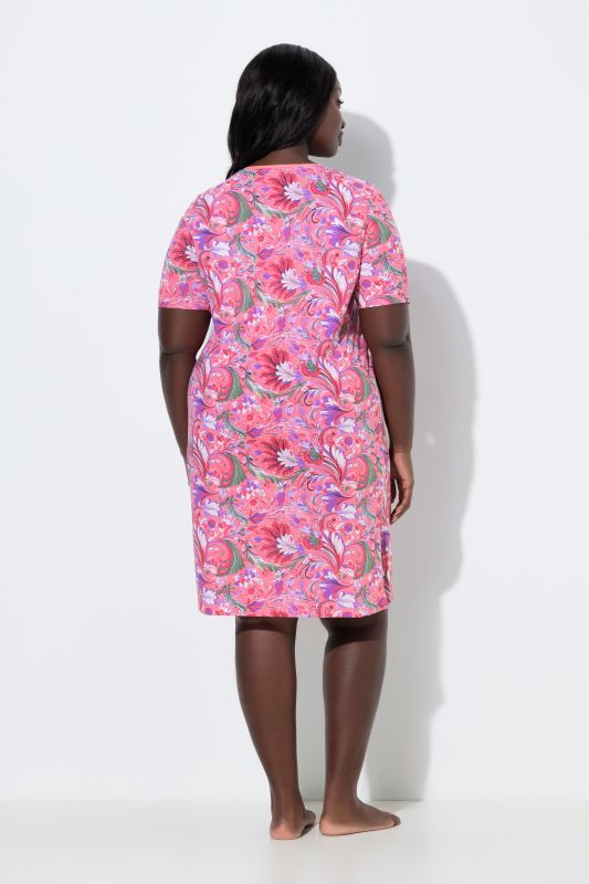 Lot de 2 chemises de nuit, motif fleurs/uni, col rond et manches courtes