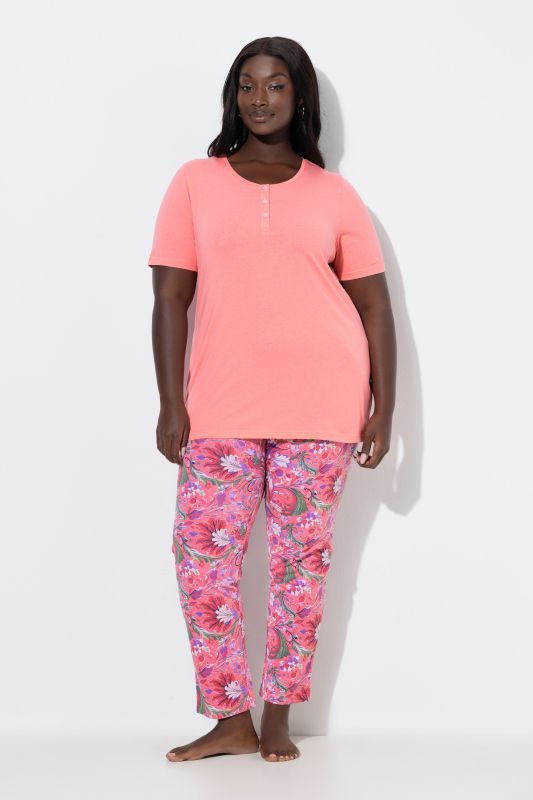 Pyjama 2 pièces à fleurs, col rond et manches courtes