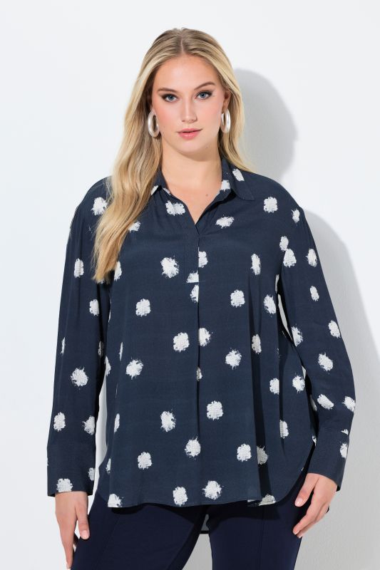 Tunique à pois, col chemise et plis fantaisie, manches longues