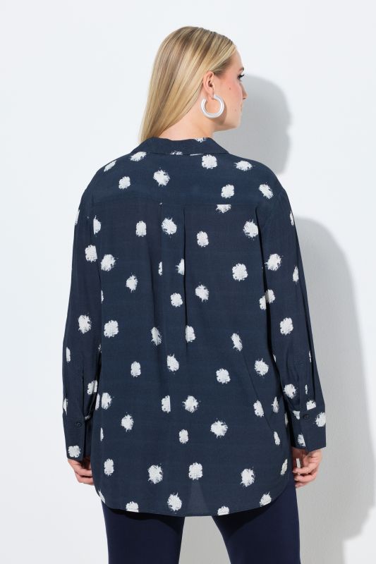 Tunique à pois, col chemise et plis fantaisie, manches longues