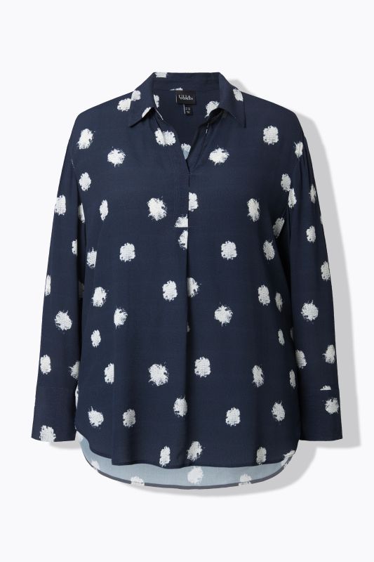 Tunique à pois, col chemise et plis fantaisie, manches longues