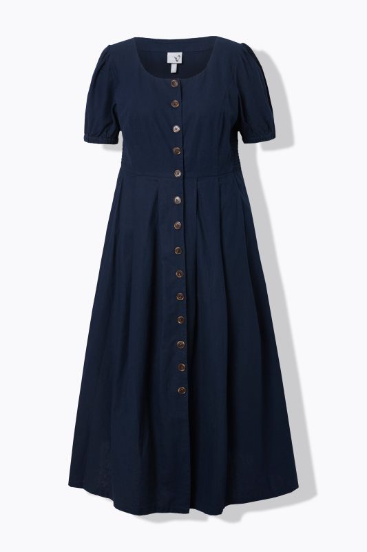 Robe maxi en lin mélangé, décolleté rond et manches courtes, empiècements smokés
