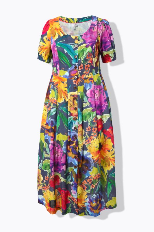 Robe maxi en lin mélangé, décolleté rond et manches courtes, empiècements smokés
