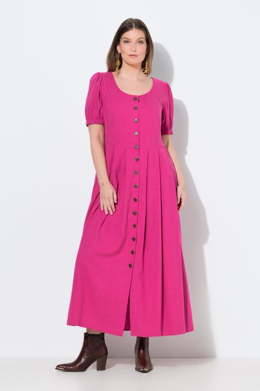 Robe maxi en lin mélangé, décolleté rond et manches courtes, empiècements smokés