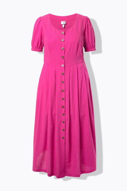 Robe maxi en lin mélangé, décolleté rond et manches courtes, empiècements smokés