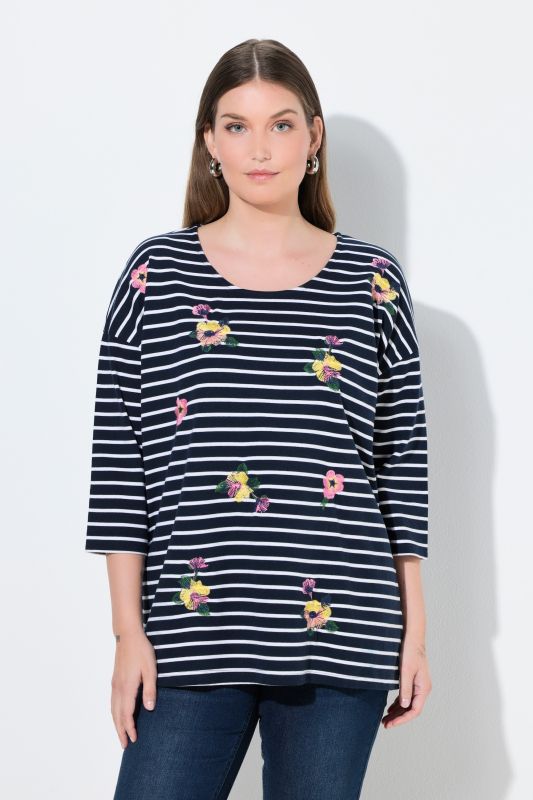 T-shirt oversize à rayures, broderies, col rond et manches 3/4
