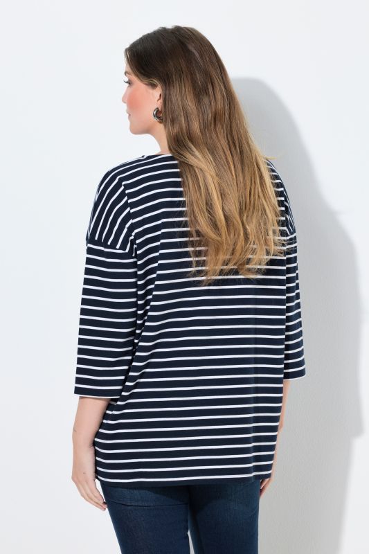 T-shirt oversize à rayures, broderies, col rond et manches 3/4