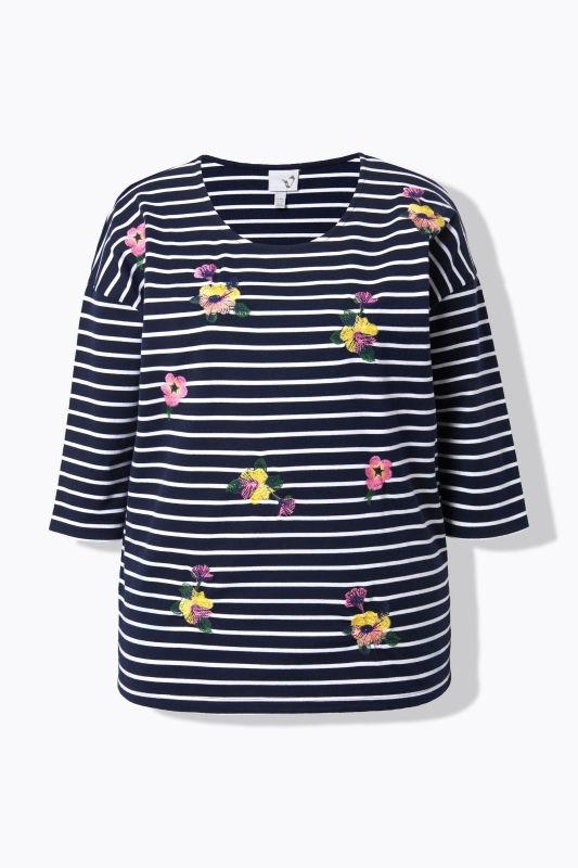 T-shirt oversize à rayures, broderies, col rond et manches 3/4