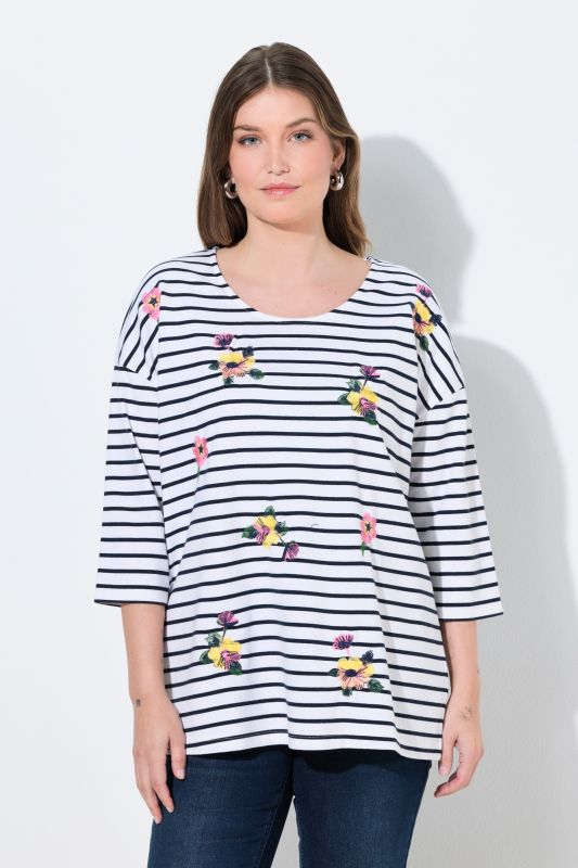 T-shirt oversize à rayures, broderies, col rond et manches 3/4
