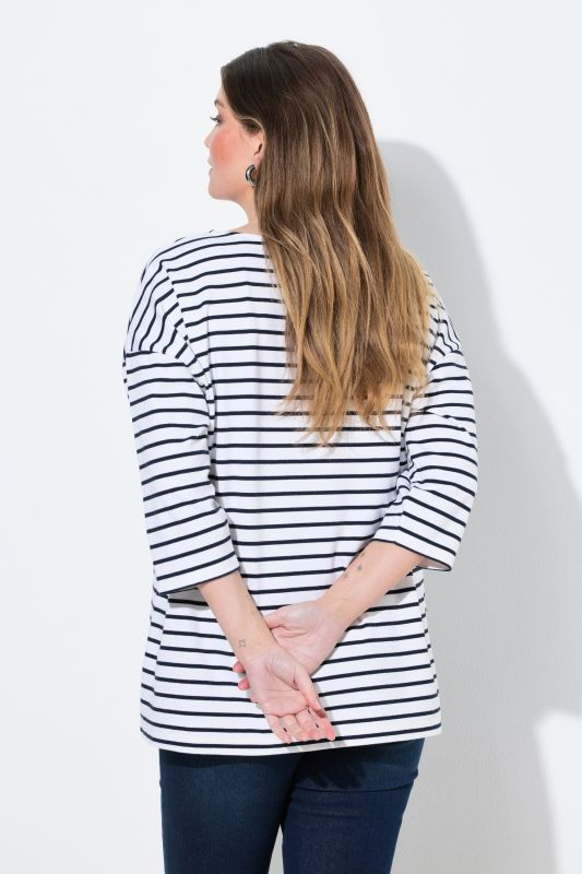 T-shirt oversize à rayures, broderies, col rond et manches 3/4