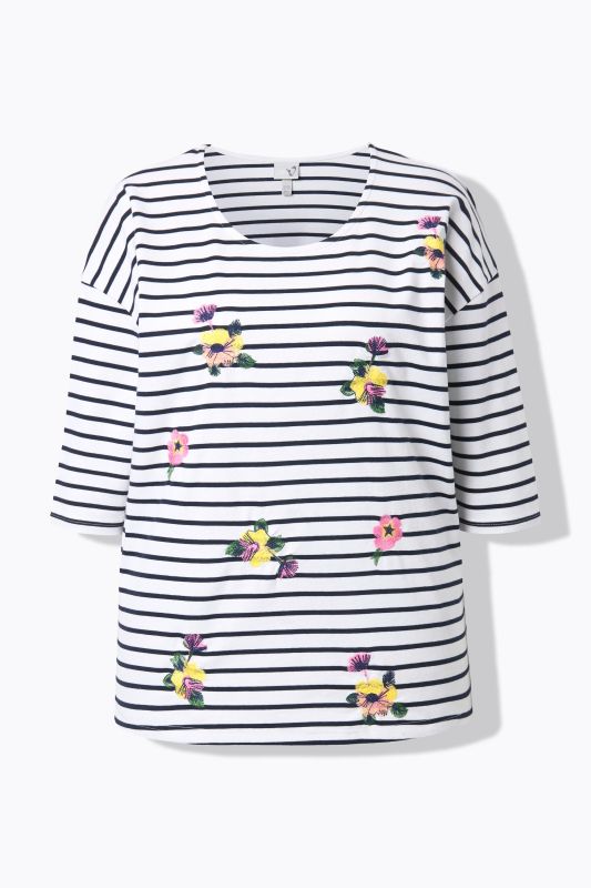 T-shirt oversize à rayures, broderies, col rond et manches 3/4