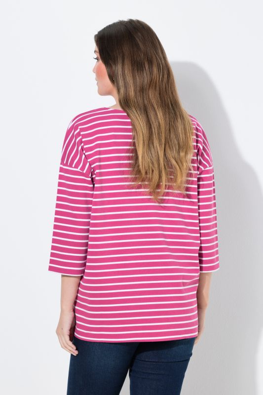 T-shirt oversize à rayures, broderies, col rond et manches 3/4