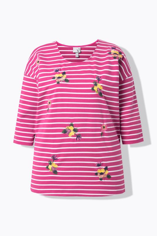 T-shirt oversize à rayures, broderies, col rond et manches 3/4