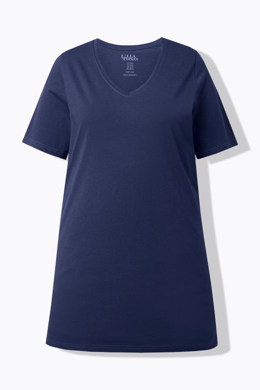 T-shirt long. Manches courtes et col V. Coupe évasée