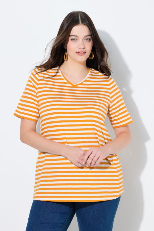 Lot de 2 T-shirts, rayures/uni, décolleté en V et manches courtes