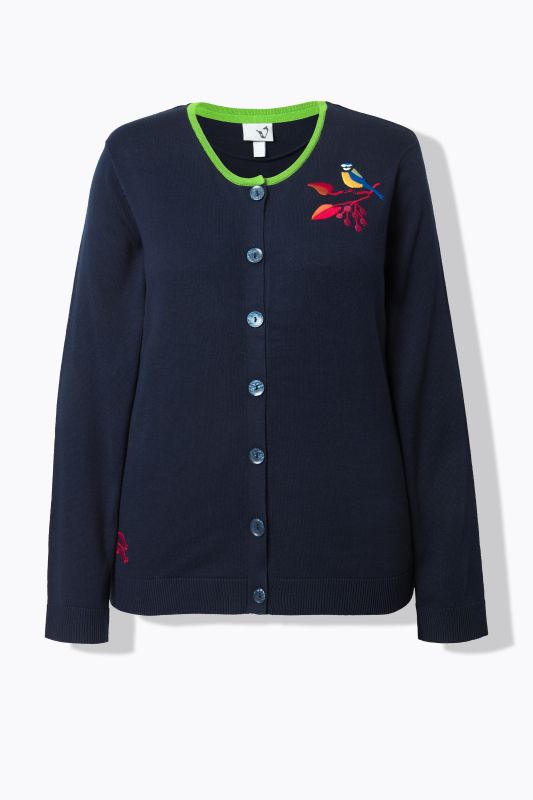 Cardigan avec oiseau brodé, col rond et manches longues