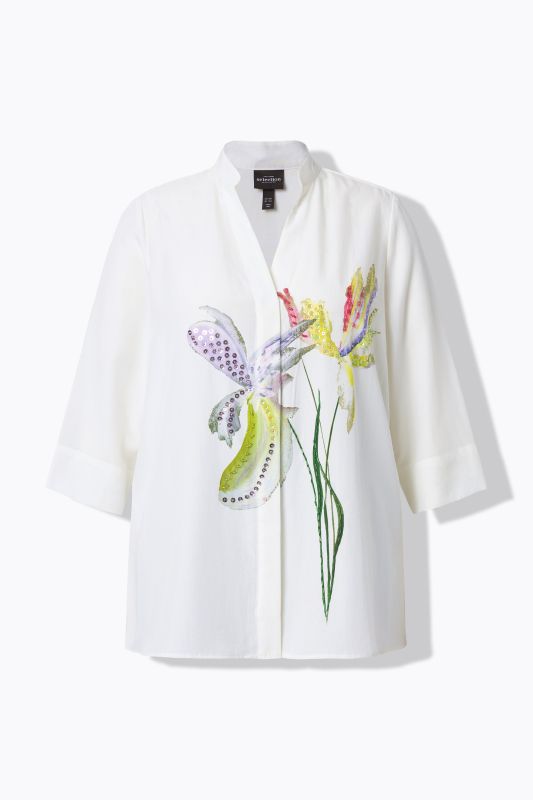 Blouse en Lyocell motif floral, décolleté en V et manches 3/4, coupe évasée