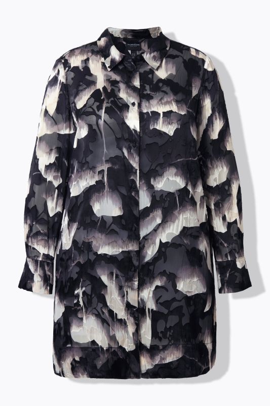 Chemisier long en soie mélangée aspect dévoré, col de chemise et manches longues