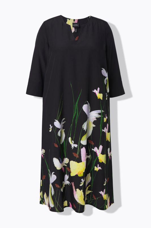 Robe maxi en Lyocell motif floral, col tunisien et manches 3/4