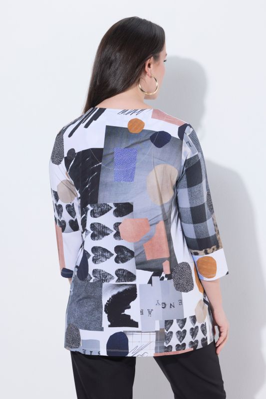 T-shirt au tombé fluide, motif cœurs, décolleté en V et manches 3/4, coupe évasée