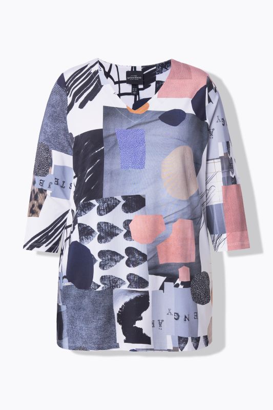 T-shirt au tombé fluide, motif cœurs, décolleté en V et manches 3/4, coupe évasée