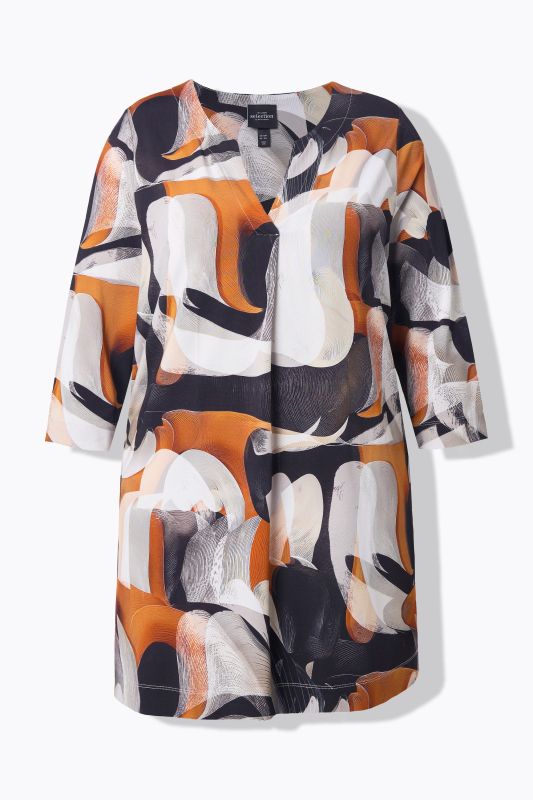 T-shirt long au tombé fluide, col tunisien avec pli fantaisie, manches 3/4