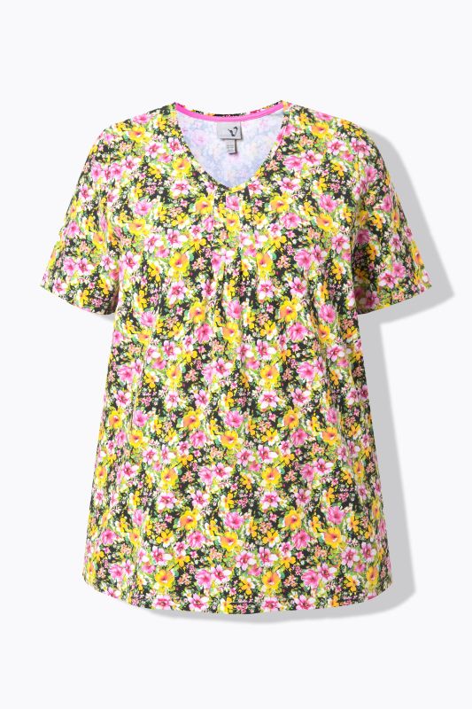 T-shirt avec plis fantaisie, coupe évasée, décolleté en V et manches courtes