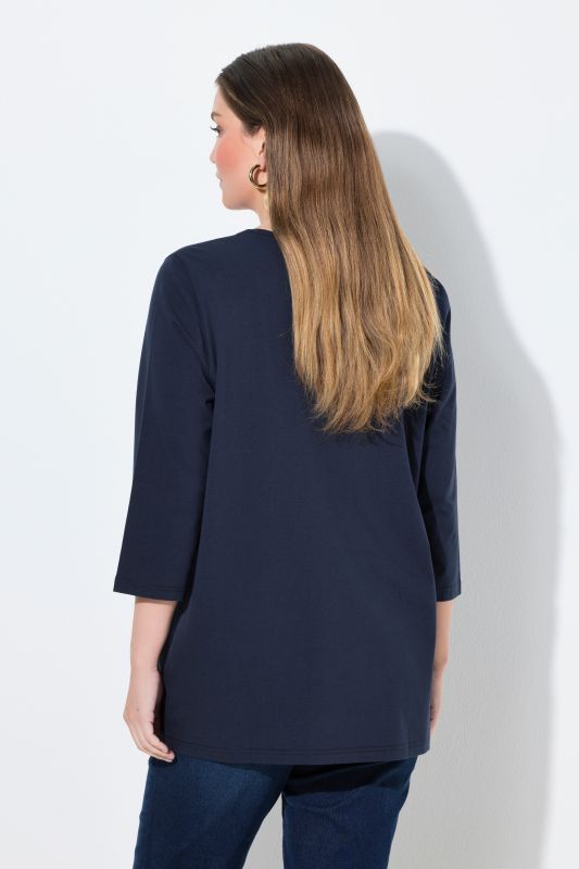 T-shirt avec motif soleil, décolleté en V et manches 3/4, coupe évasée